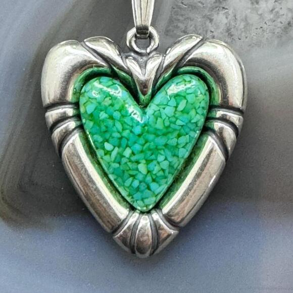 Carolyn Pollack Sterling Heart Green Turquoise Chip Inlay Pendant W/18" Necklace - Picture 6 of 10